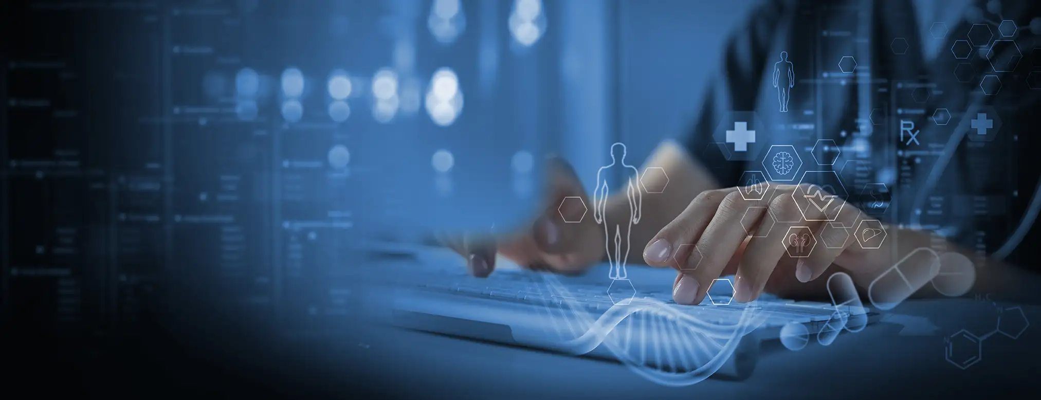 Healthcare professional using digital medical technology and data analytics to improve patient outcomes